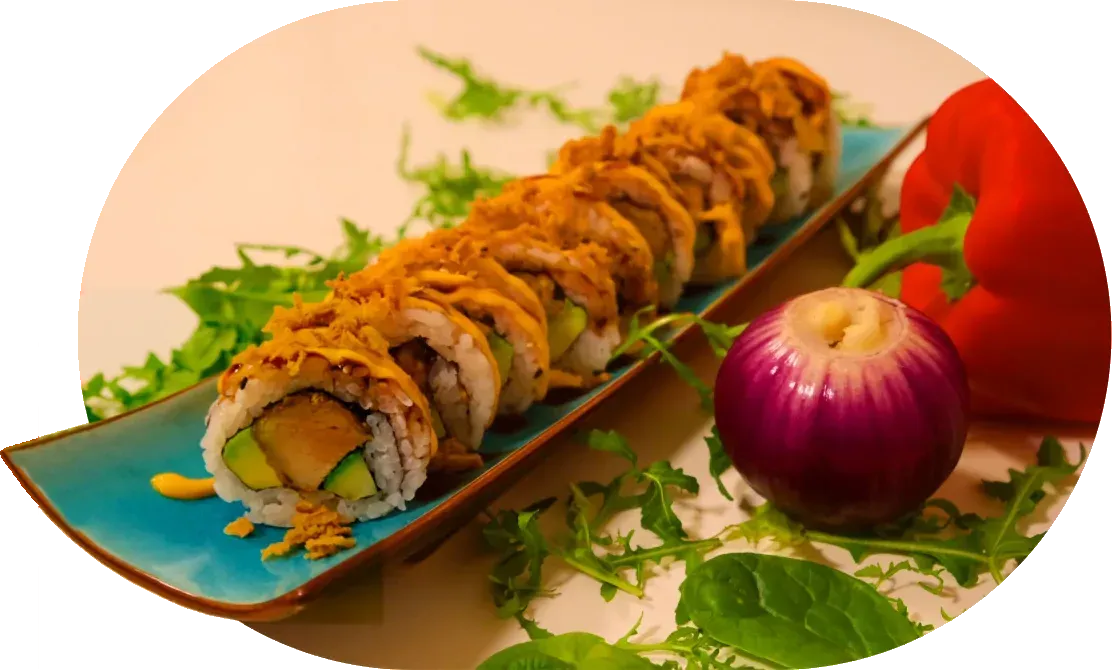 Plate of crispy chicken roll pieces